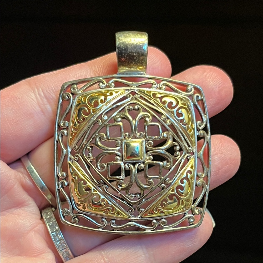 Intricate Two-Tone Filigree Square Pendant - Silver & Gold